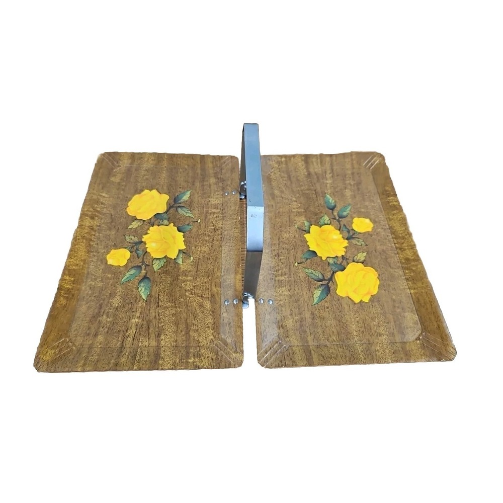 Vintage MCM Hasko Tuck Away Folding Floral Wood Grain Carrying Tray Food Snacks
